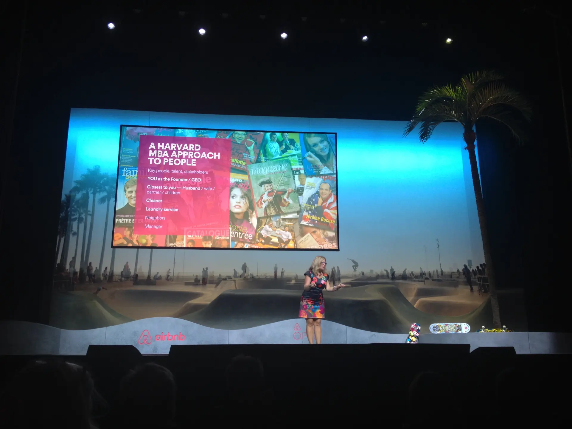 Sarah E. Endline delivering a keynote on stage at Airbnb